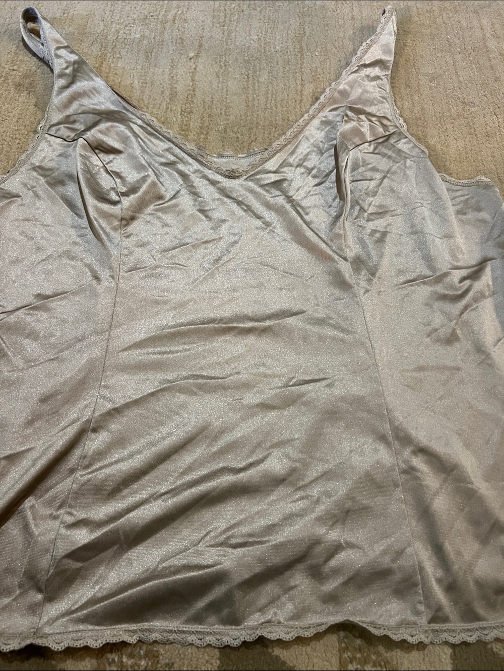 Vintage Vanity Fair Satin Lace-Trim Chemise in Light Taupe